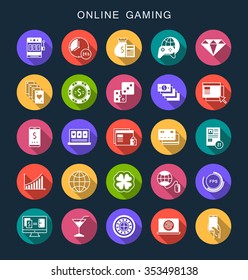 Vector set square flat icons and symbols on a dark background. Online gaming sign with long shadow