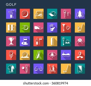 Vector set square flat icons and symbols on a dark background. Golf sign with long shadow