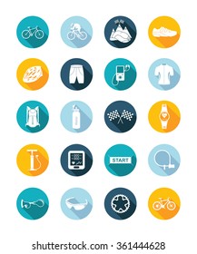 Vector set square flat icons and symbols on a dark background. Cycling sign with long shadow