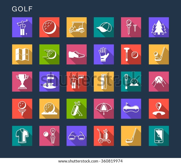 Vector set square flat icons and symbols
on a dark background. Golf sign with long
shadow