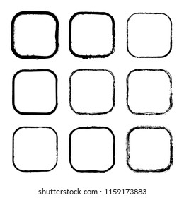Vector set of square frames and borders, painted with an ink brush. Black grunge frame with rough edges isolated on white background. A collection of uneven dirty silhouettes