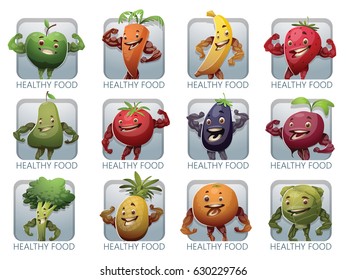 Vector set of square frames with cartoon images of broccoli, pineapple, orange, strawberry, beetroot, cabbage, apple, carrot, banana, pear, tomato and eggplant showing muscles on a white background. 