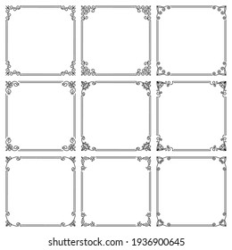 Vector set of square frames with floral ornament. Elegant vintage borders with flourishes, swirls. Design and decoration of covers, websites, brochures, flyers, greeting, wedding cards, invitations