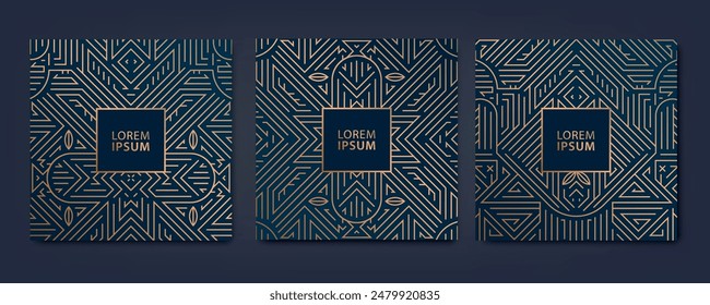 Vector set of square gold cards, art deco geometric banners, line gala templates. Corporate posters, invites, business flyers. Dark blue design