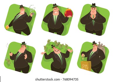 Vector set of square green frames with cartoon images of funny fat men capitalists in black suits and hats with different actions and emotions on a white background. Business, finance, monopoly.