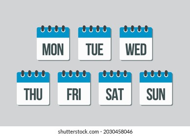 Vector set square icon pages calendar, days of the week - Sunday, Monday, Tuesday, Wednesday, Thursday, Friday, Saturday. Date days to-do list. Reminder, schedule line simple sign. Organizer concept