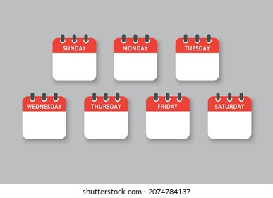 Vector set square icon pages calendar, days of the week - Sunday, Monday, Tuesday, Wednesday, Thursday, Friday, Saturday. Date days to-do list. Reminder, schedule line simple sign. Organizer concept