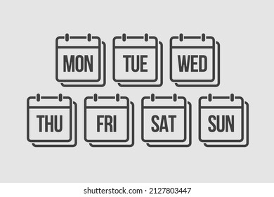 Vector set square icon pages calendar, days of the week - Sunday, Monday, Tuesday, Wednesday, Thursday, Friday, Saturday. Date days to-do list. Reminder, schedule line simple sign. Organizer concept