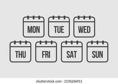 Vector set square icon pages calendar, days of the week - Sunday, Monday, Tuesday, Wednesday, Thursday, Friday, Saturday. Date days to-do list. Reminder, schedule line simple sign. Organizer concept