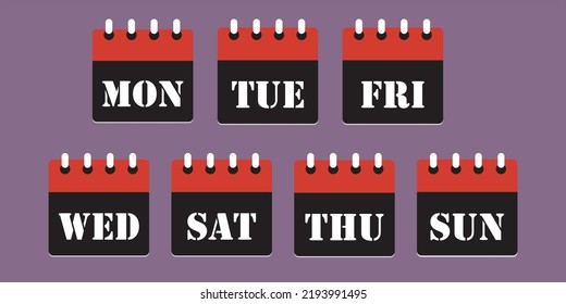 Vector set square icon pages calendar, days of the week - Sunday, Monday, Tuesday, Wednesday, Thursday, Friday, Saturday.