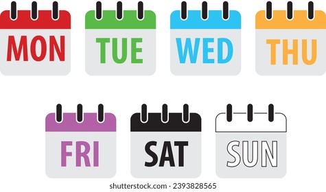 Vector set square icon pages calendar, days of the week - Sunday, Monday, Tuesday, Wednesday, Thursday, Friday, Saturday. Date days to-do list. Reminder, schedule line simple sign. Organizer concept