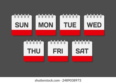 Vector set square icon pages calendar, days of the week - Sunday, Monday, Tuesday, Wednesday, Thursday, Friday, Saturday. Date days to-do list. Reminder, schedule line simple sign. Organizer concept