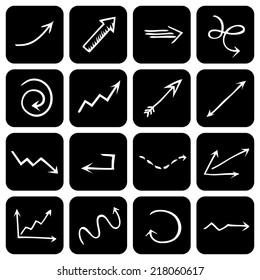 Vector set of square icons with hand-drawn arrows. Black and white design.