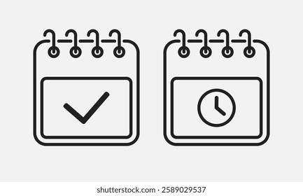 Vector set square icons page calendar - done, check and time, watch. Template pictogram for design mark yes, success or deadline, date. Calendar on the wall for date, to-do list. Icon illustration