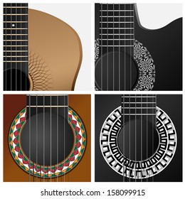 Vector set square icons with part of western, jazz, flamenco, acoustic guitar.