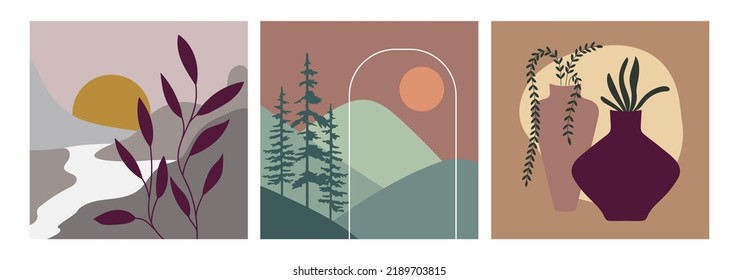 Vector set of square illustrations with plants, abstract shapes and landscape. Hand-painted drawing, design for printing postcards, posters, covers, wall decorations, stories on social networks.