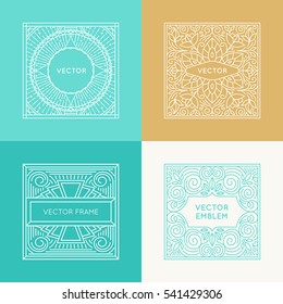 Vector set of square logos and monogram design elements in trendy vintage and mono line style with copy space for text -  with flowers and leaves - abstract emblems and packaging templates
