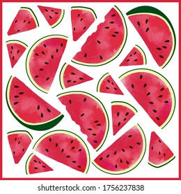 Vector set : square pattern with red fresh slices of watermelon in white. Colorful, jucy summer design for textile shawl, card, poster.