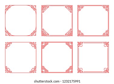 Vector set of square red frames with hearts, flourishes, curls in vintage art deco style. Elegant ornament for decoration, design of wedding invitations, romantic greeting cards for Valentine's Day