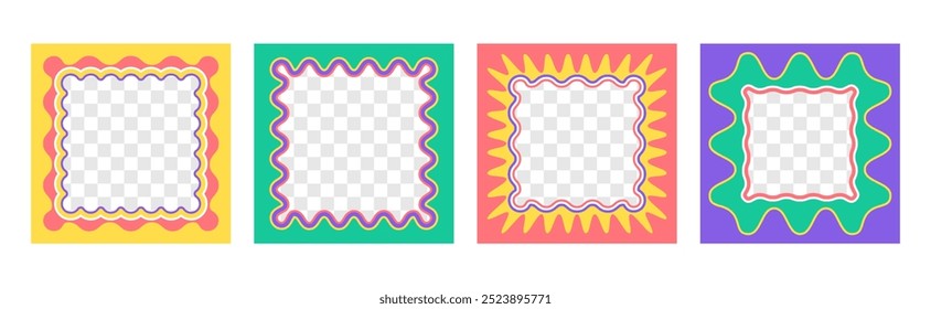 Conjunto de Vector de marcos ondulados cuadrados con bordes de vieira. Squiggle borde de la foto con zig zag borde. Formas onduladas, marcos de cuadros de texto geométricos funky de color o espejos curvos con bordes irregulares