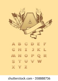 vector set of squared alphabet letters, the first capital letter is decorated with feathers and ribbon