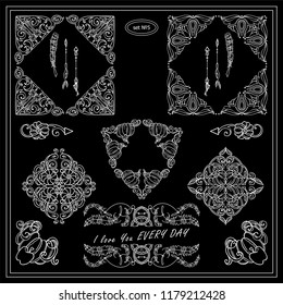 Vector set of squares, triangles and corners for design. Autumn vintage elements – pumpkins, branches and leaves. Ornate detailed frames for text or quotes. Black and white, chalkboard style 