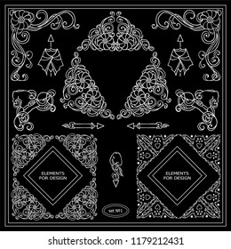 Vector set of squares, triangles and corners for design. Autumn vintage elements – pumpkins, branches and leaves. Ornate detailed frames for text or quotes. Black and white, chalkboard style 