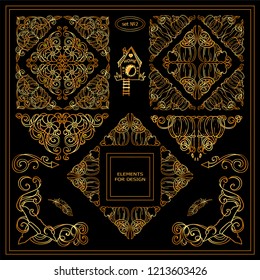 Vector set of squares, triangles and corners for design. Autumn vintage elements – pumpkins, branches and leaves. Ornate detailed frames for text or quotes. Premium gold color