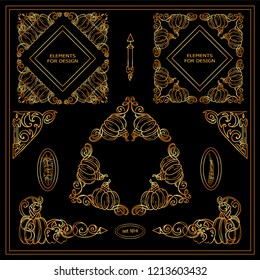 Vector set of squares, triangles and corners for design. Autumn vintage elements – pumpkins, branches and leaves. Ornate detailed frames for text or quotes. Premium gold color
