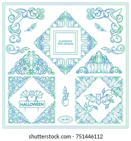 Vector set of squares, triangles and corners for design. Autumn vintage elements: pumpkins, branches and leaves. Ornate detailed frames for text or quotes. Watercolor style