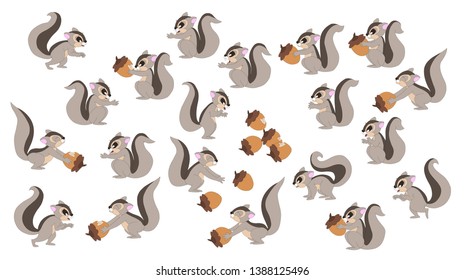 vector set of squirrel in different poses.long tail, eating nut - Vector