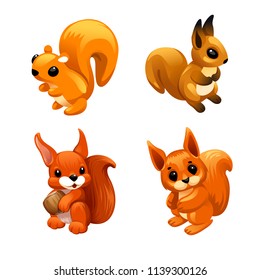 vector set of squirrel with large ears holding a nut, another squirrel with big sad eyes and two squirrels