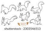 Vector set of squirrel, outline squirrel collection, black calligraphy line art, indifferent position isolated on white background,