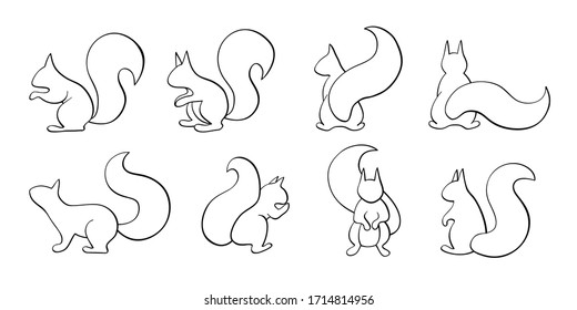 Vector set of squirrel, outline squirrel collection, black calligraphy line art, indifferent position isolated on white background,