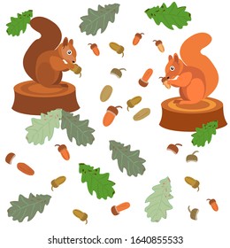
vector set of squirrels, oak leaves and acorns