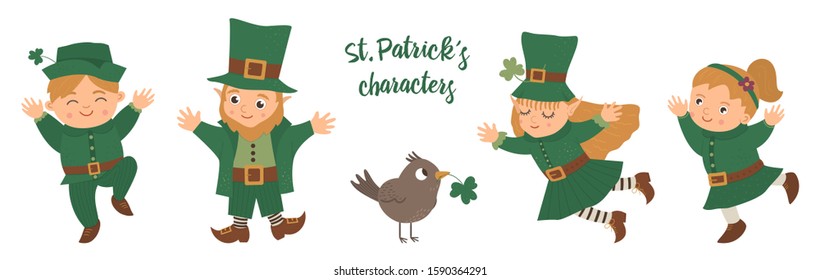 Vector set of St. Patrick’s Day characters. National Irish holiday icons isolated on white background. Cute funny flat leprechaun in green clothes with fairy and children