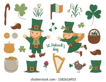 Vector set of St. Patrick’s Day symbols. National Irish holiday icons isolated on white background. Cute funny flat leprechaun in green clothes with shamrock and traditional objects