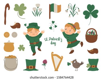 Vector set of St. Patrick’s Day symbols. National Irish holiday icons isolated on white background. Cute funny flat boy and girl in green clothes with shamrock and traditional objects.