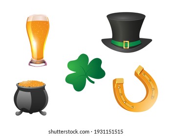 Vector set of St. Patrick's Day symbols. Pot of gold, beer, leprechaun's hat, clover and horseshoe isolated on white.