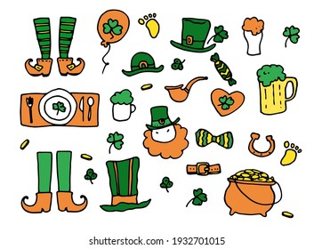 Vector set for St. Patrick's Day on March 17 in traditional green and orange colors on a white background. isolated elements of the Irish leprechaun festival legs beer shamrock hat pot gold pipe