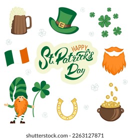 Vector set for St. Patrick's Day of a leprechaun, a cauldron with gold coins, a red beard, clover leaves, a horseshoe, a glass of beer, a flag and text Happy St. Patrick's Day on a white background.