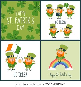 Vektorgrafik für St. Patrick's Day. Kobold, Regenbogen, Flagge, Bierkrug, Goldmünzen, Klee sind auf Plakaten im flachen Stil dargestellt. Ideal für irische Urlaubsflieger.