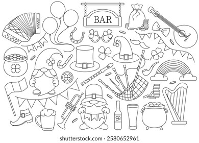 vector set of St. Patrick's Day, black and white linear icons, Irish folk musical instruments, festive flags, garlands, leprechauns, clover leaves, good luck symbols