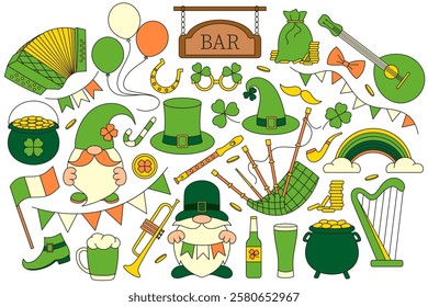 Vector set of St. Patrick's Day, simple linear icons, Irish folk musical instruments, festive flags, garlands, leprechauns, clover leaves, good luck symbols, retro vintage style