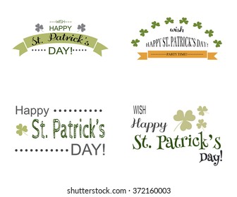 Vector set of St. Patrick's Day typographic design elements on white background. Clover traditional irish icon. Perfect for banners, invitations, announcements, advertisement. Festive collection