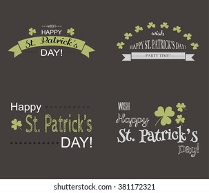 Vector set of St. Patrick's Day typographic design elements on dark background. Clover traditional irish icon. Perfect for banners, invitations, announcements, advertisement. Festive collection