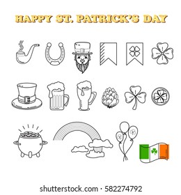 Vector set of St. Patrick's Day icon. Holiday Irish design element. Traditional irish symbols in modern line style for Web and Print. Isolated on white background.