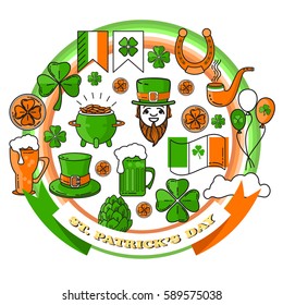 Vector set of St. Patrick's Day icon. Holiday Irish design element. Traditional irish symbols in modern line style for Web and Print. Isolated on white background.