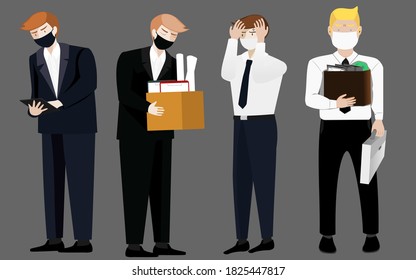 Vector set of staff wearing masks and Stressful face. Resignation, getting fired.