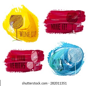 Vector set of stains with wine and champagne glasses made with vintage ornaments.